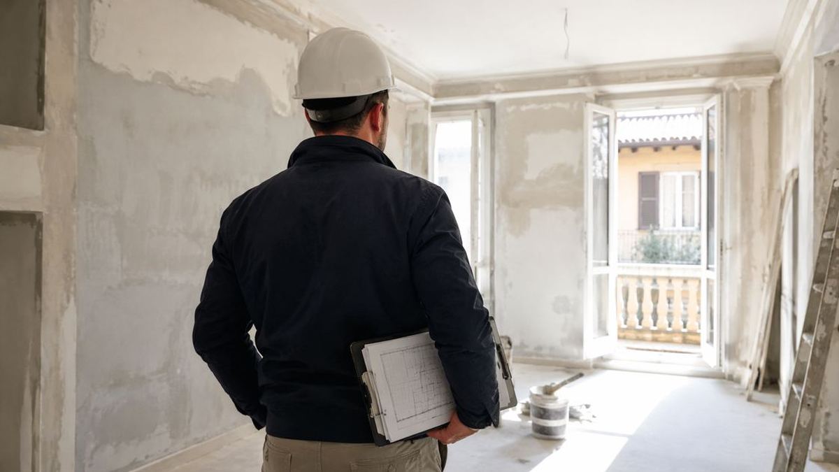 Cantiere di ristrutturazione appartamento con operaio e documenti di lavoro