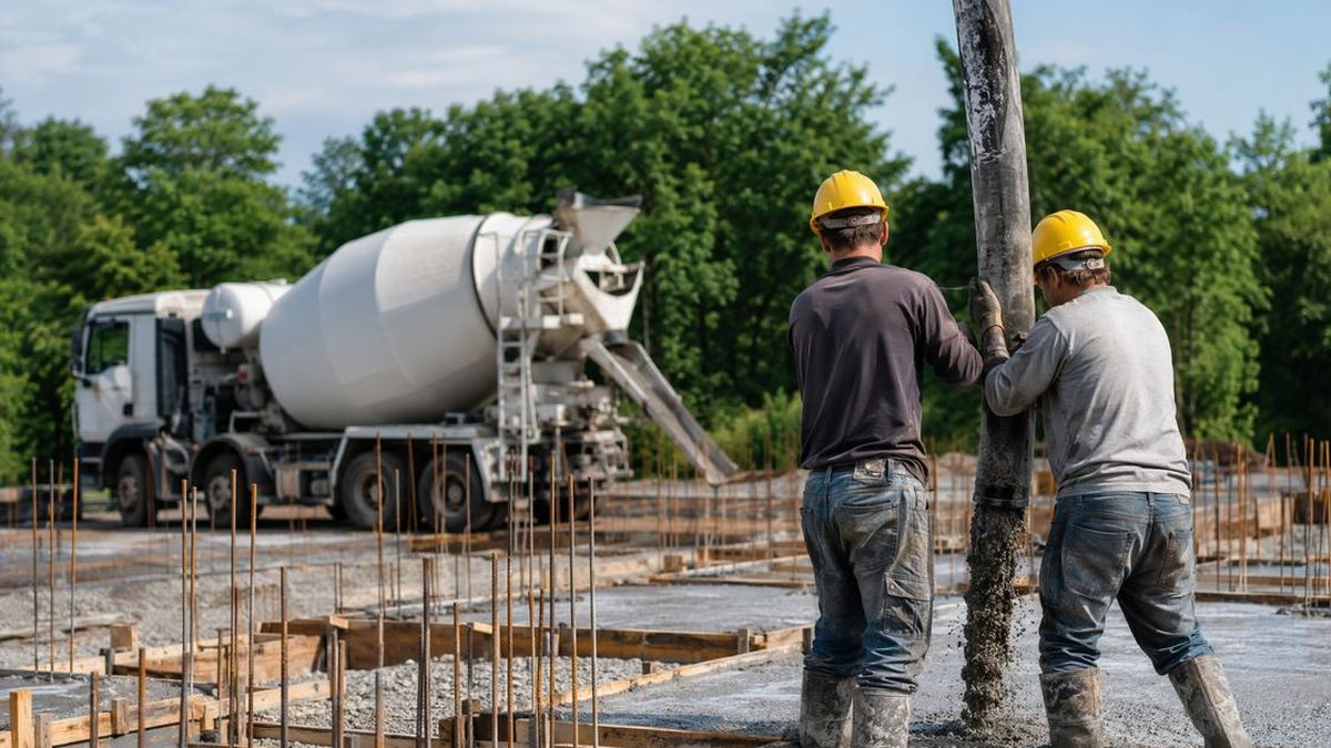 Betoniera e getto di calcestruzzo in cantiere con verde sullo sfondo