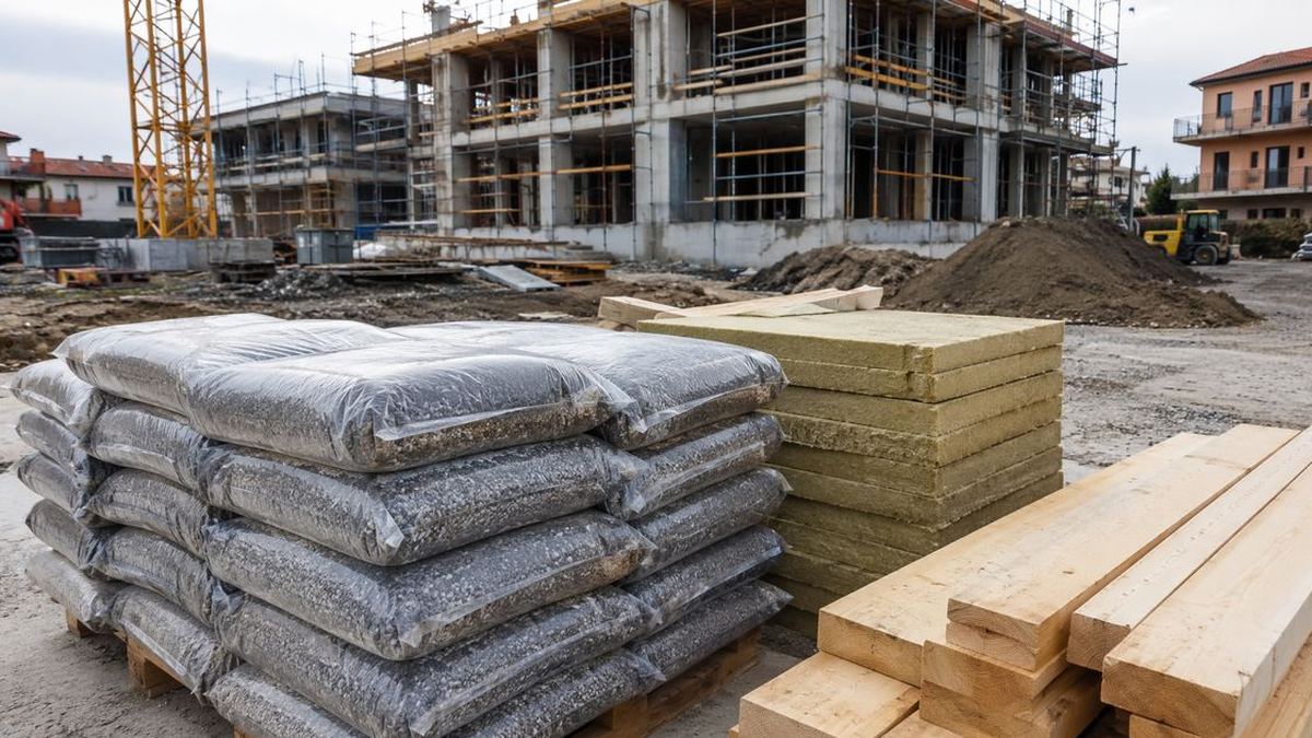 Cantiere edile con materiali da costruzione riciclati e certificati accatastati