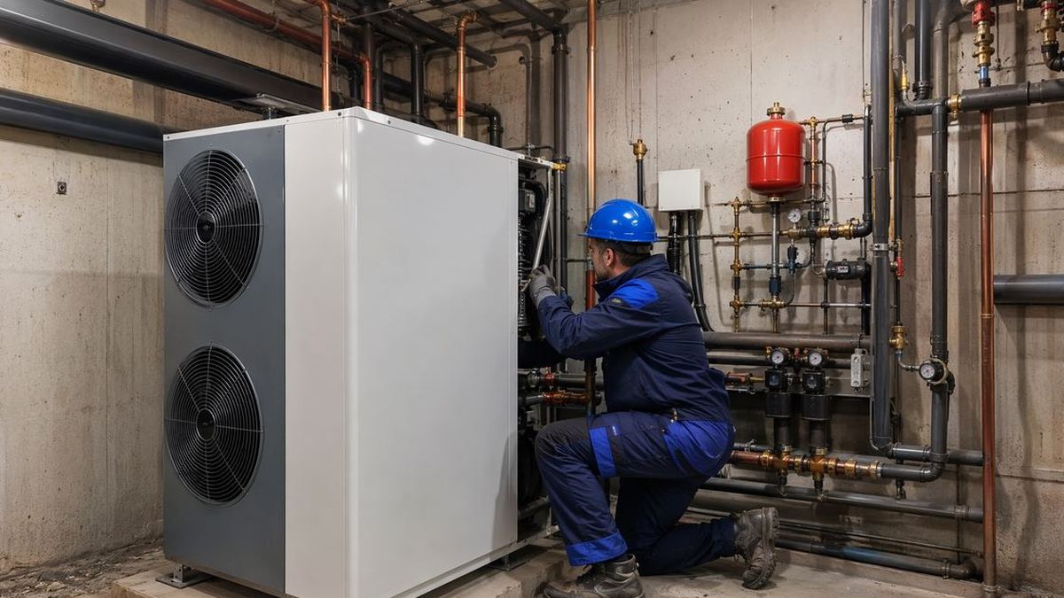 Tecnico installa pompa di calore nella centrale termica condominiale