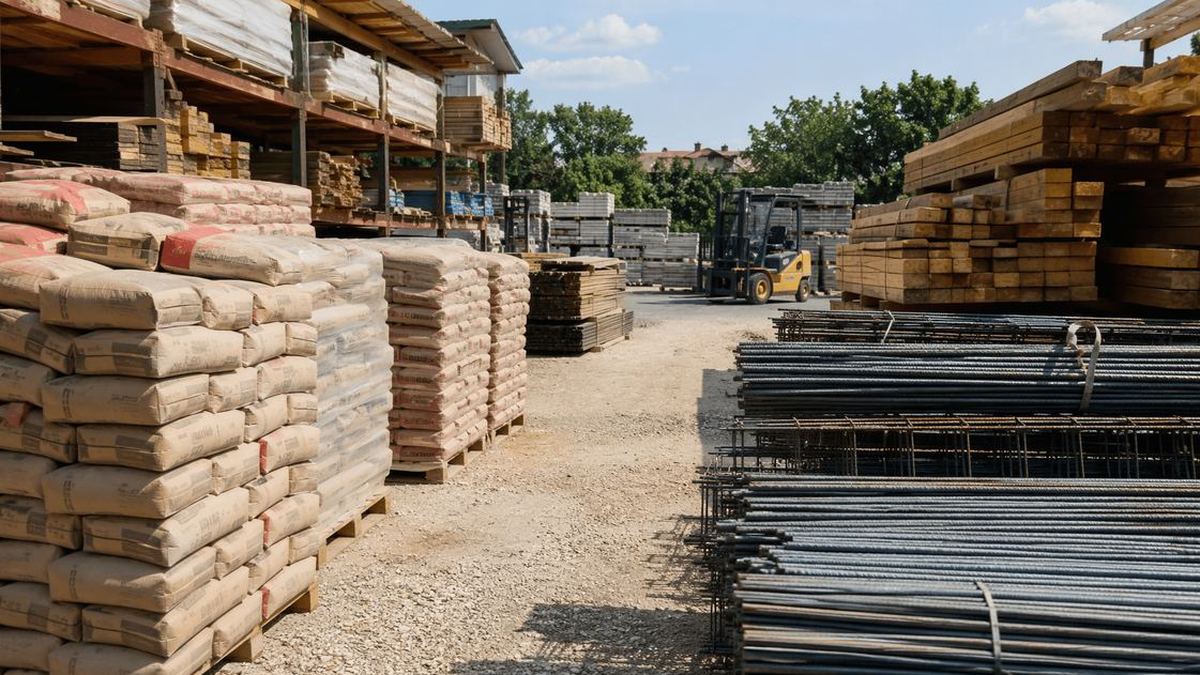 Deposito materiali edili con cemento, acciaio e legname accatastati