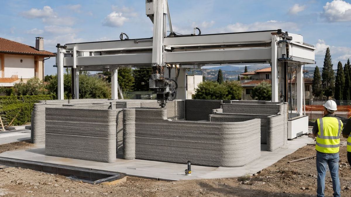 Stampante 3D da costruzione stampa le pareti di una casa