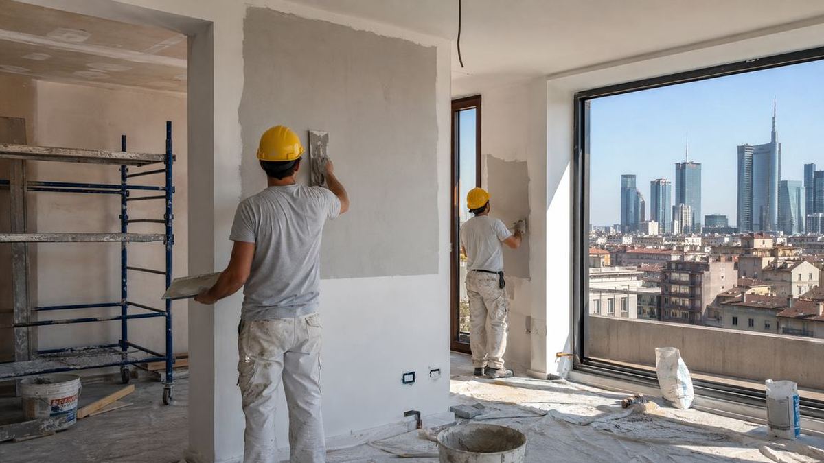 Operai al lavoro in cantiere di ristrutturazione con skyline di Milano dalla finestra