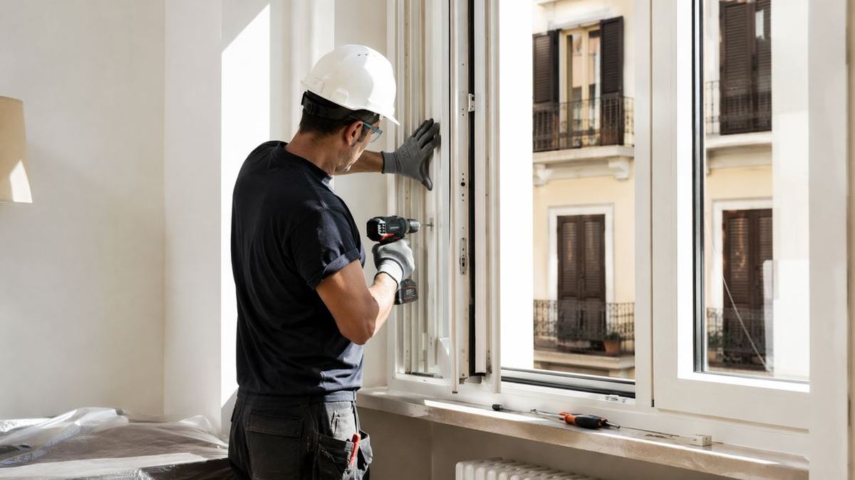 Operaio installa finestra in PVC bianca in appartamento luminoso con attrezzi