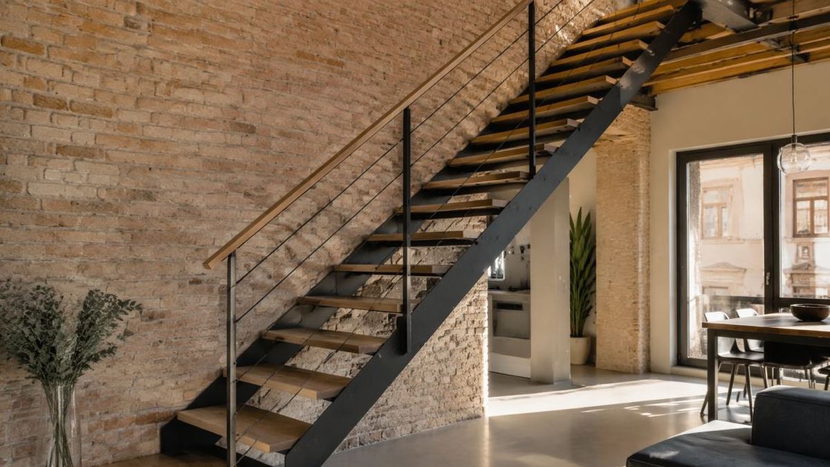 Scala interna moderna autoportante in acciaio e legno dentro un loft luminoso