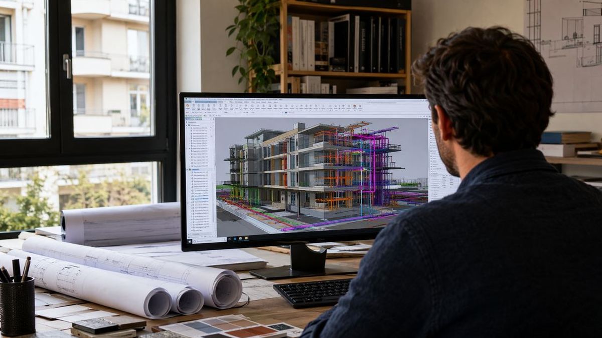 Architetto lavora su modello 3D BIM di edificio in uno studio di progettazione moderno