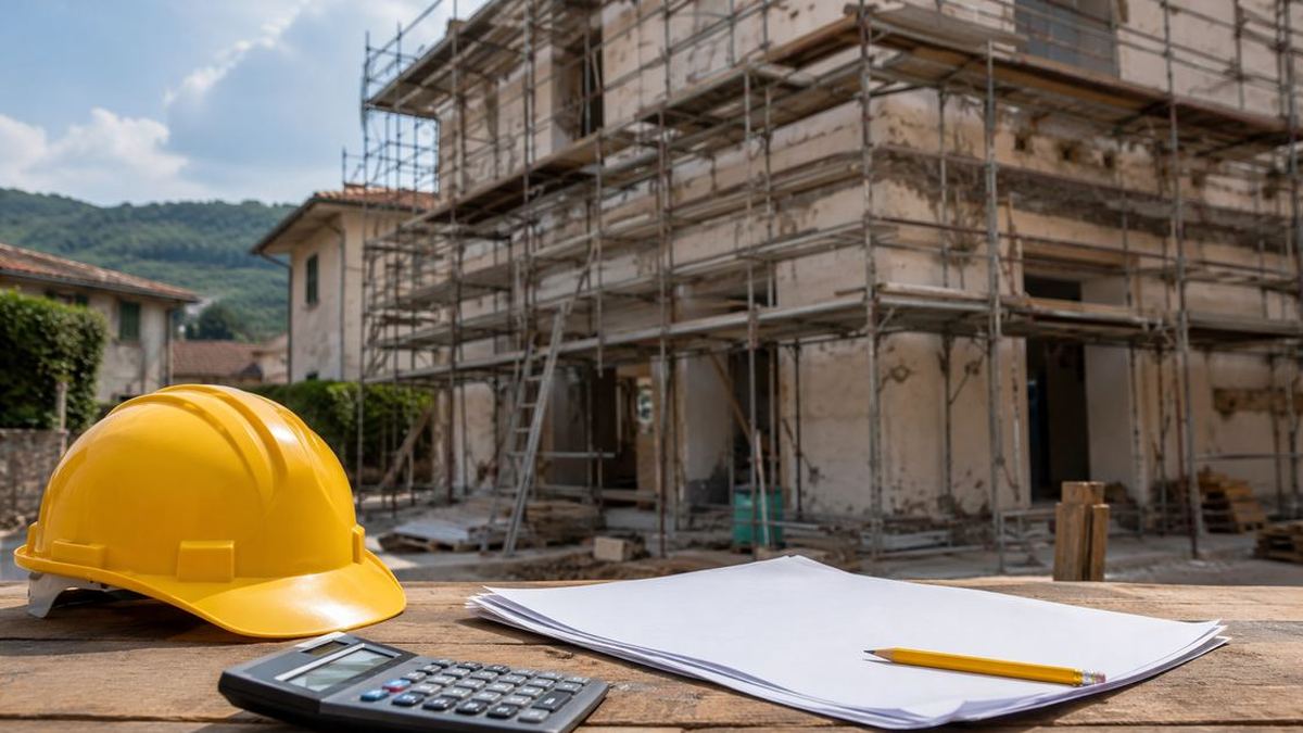 Documenti, calcolatrice e casco davanti a cantiere edile italiano per bonus ristrutturazioni