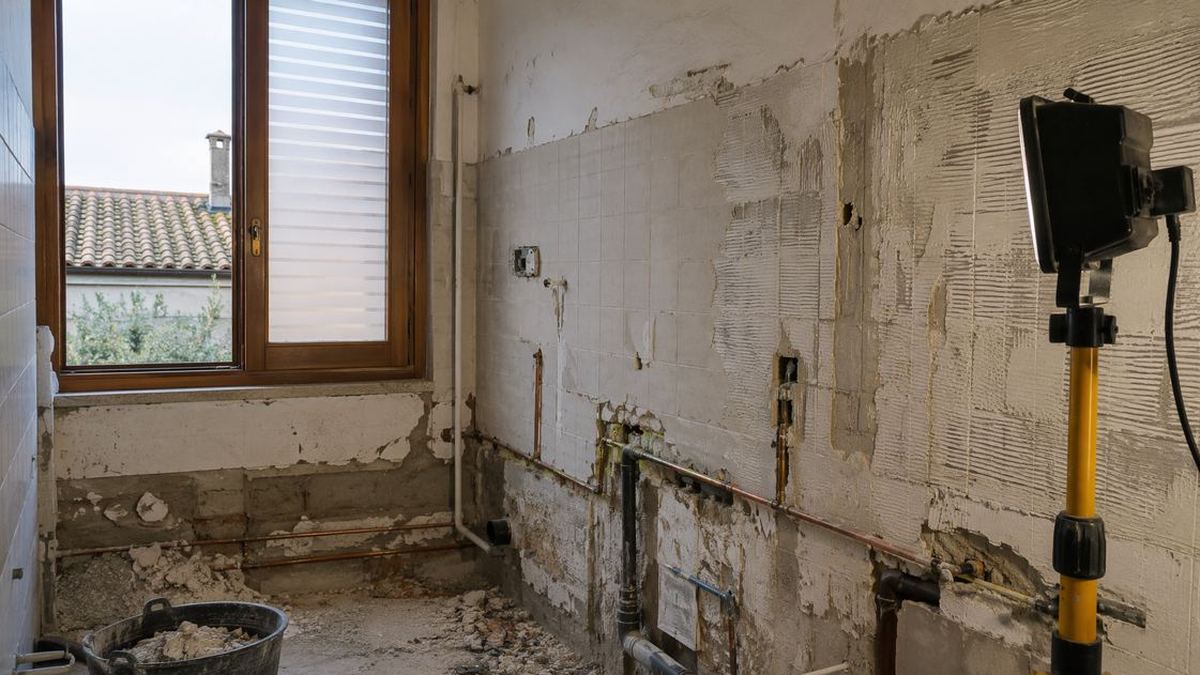 Bagno in ristrutturazione con piastrelle rimosse e tubature idrauliche a vista