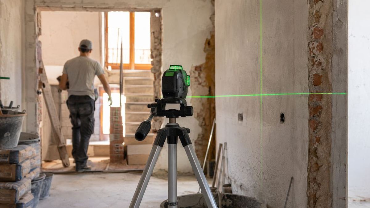 Livella laser verde su treppiede proietta linea laser sul muro del cantiere