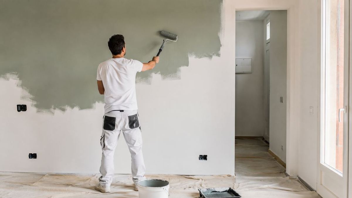 Persona imbianca parete interna con rullo e pittura ecologica in ambiente luminoso